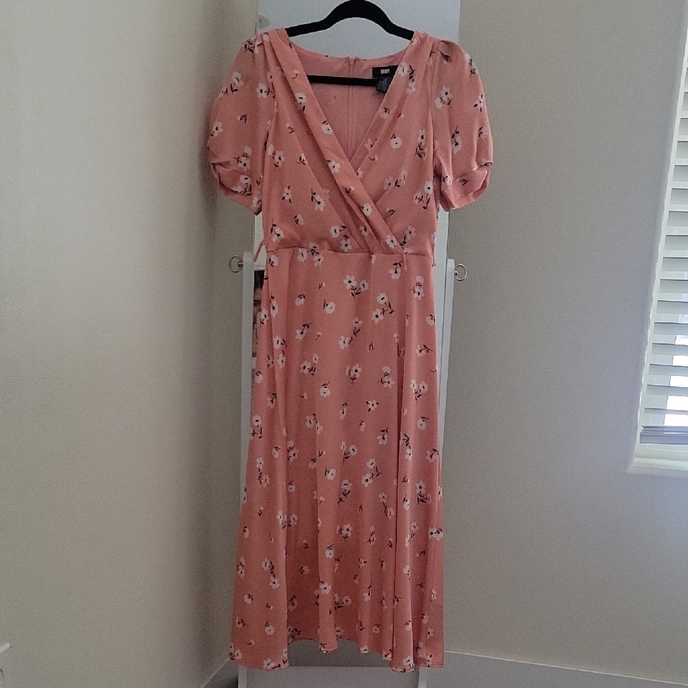 DKNY Pink Puff Sleeve V-Neck Midi Dress